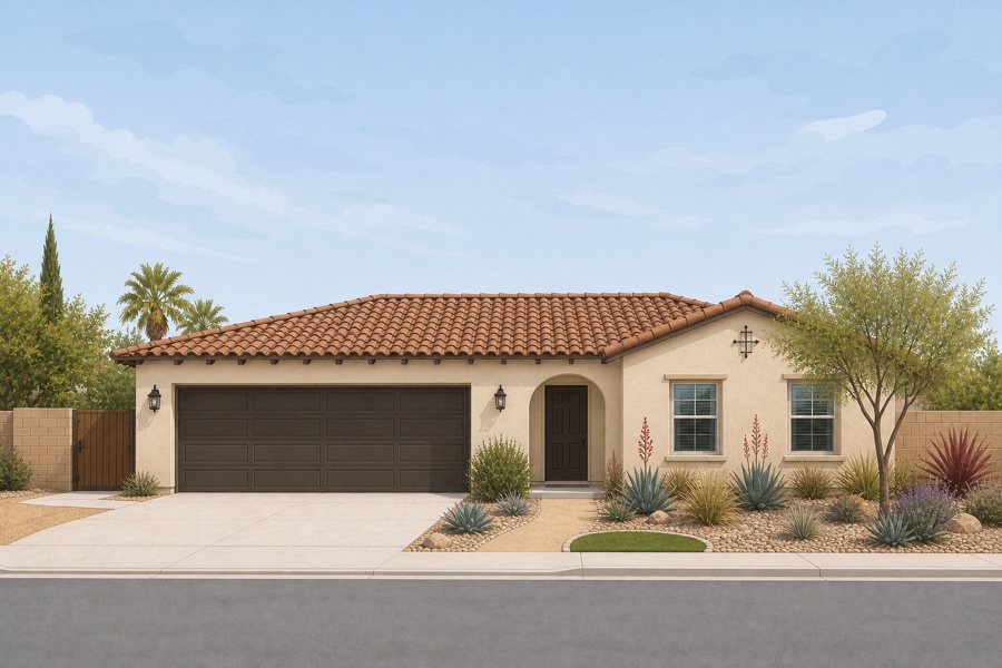 Example: a single-story house photographed straight on from across the street, whole roofline visible