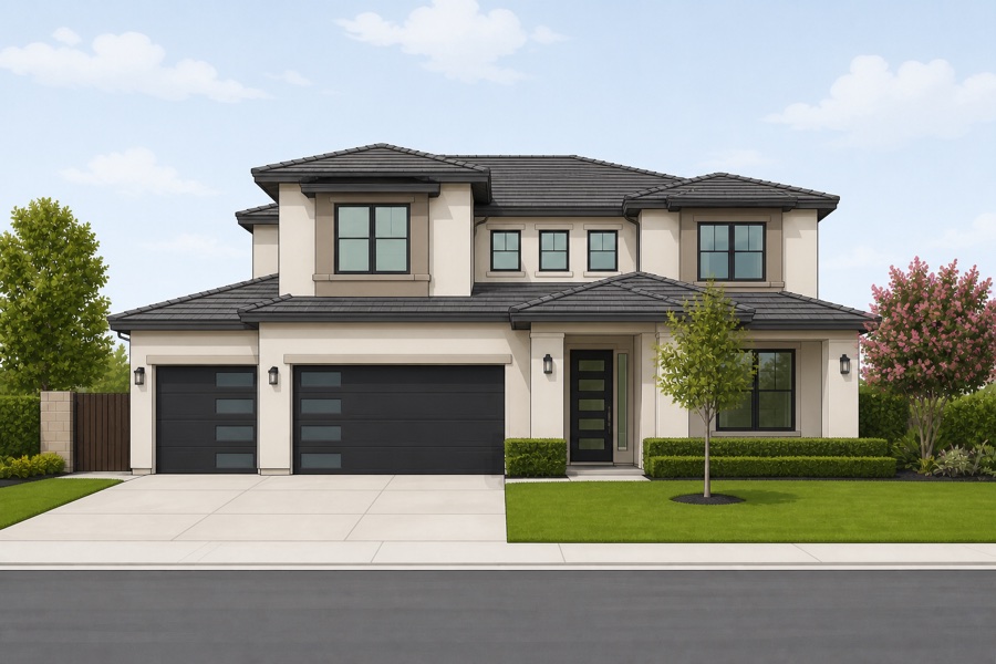 Example: a two-story house photographed straight on, every roof peak inside the frame