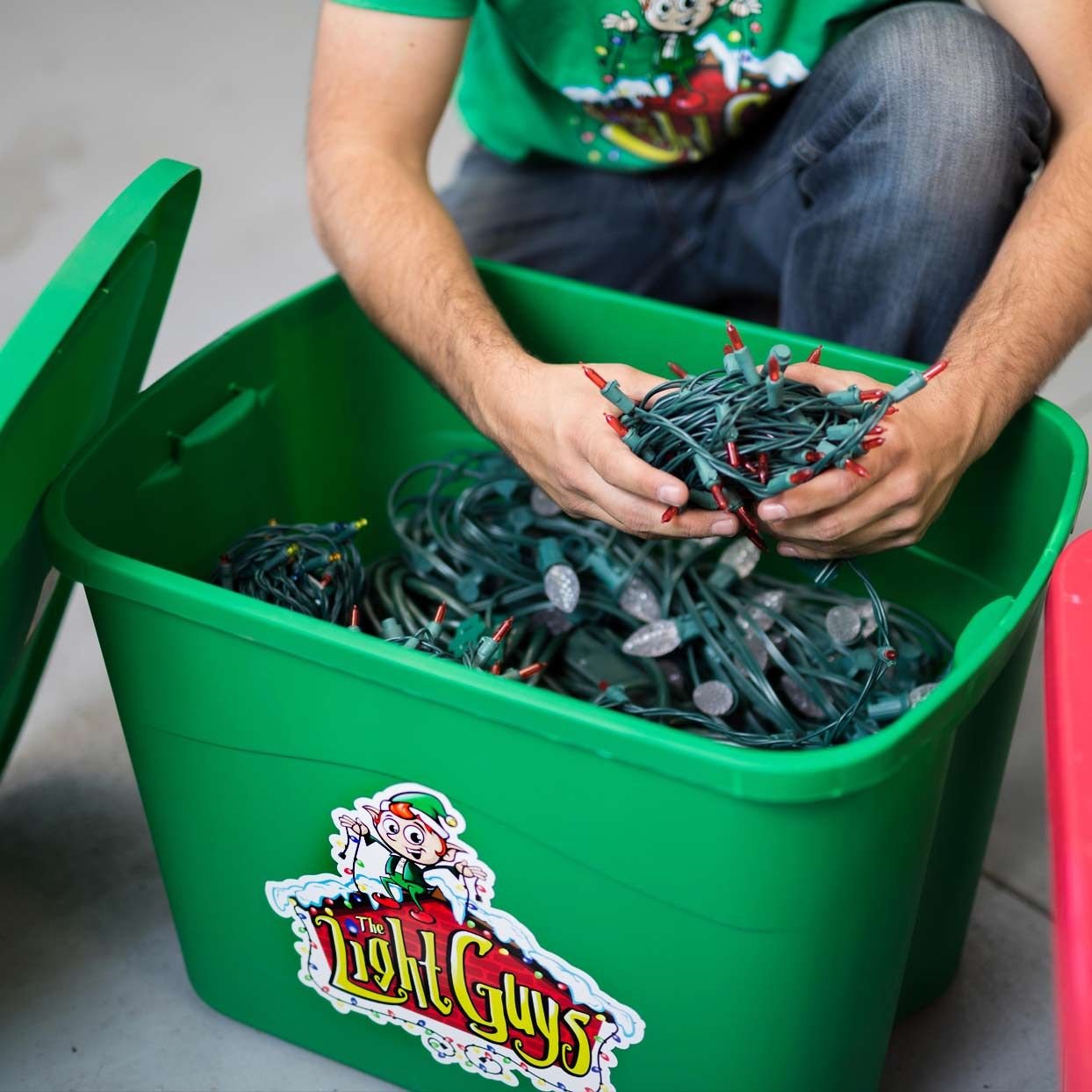 A bin of leased commercial-grade Christmas lights