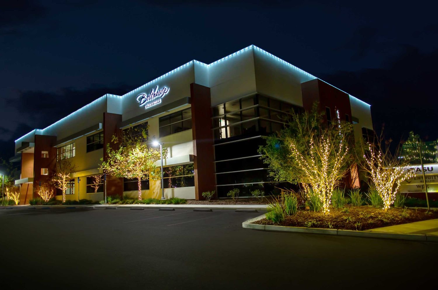 Modern office building lit for the holidays